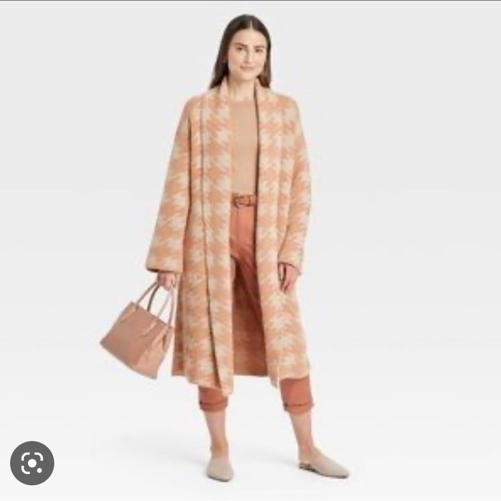 ❌SOLD❌ A New Day Peach & Cream Houndstooth Open Sweater Cardigan Jacket Long